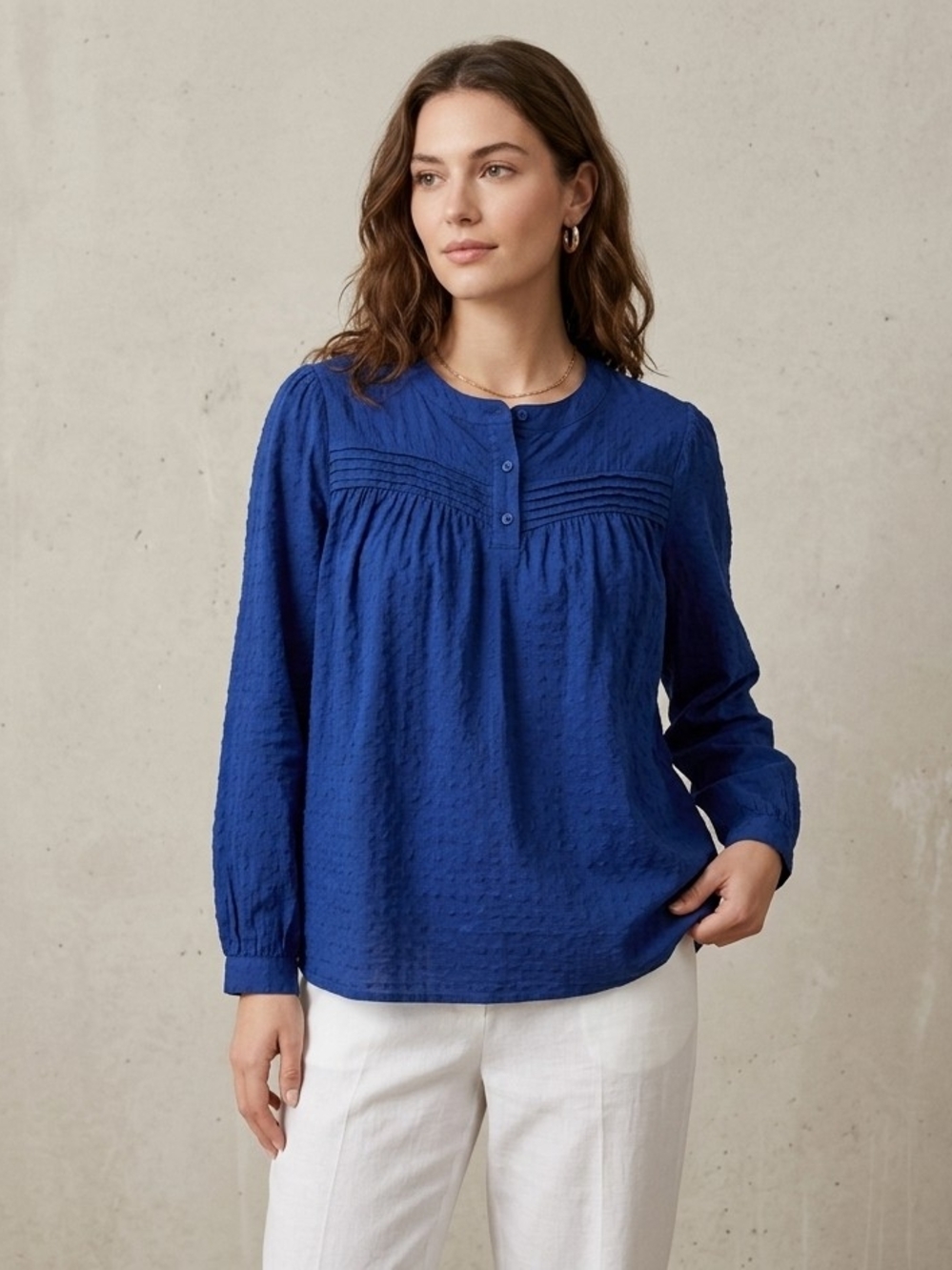 Lane Bryant Royal Blue Woven Henley Blouse crewneck Long Sleeve Casual Boho